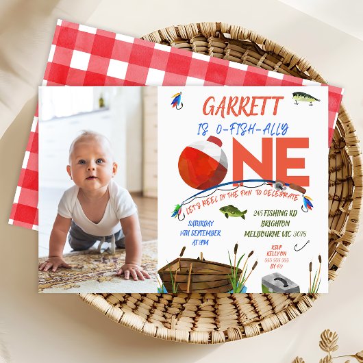 フォトレッドブルーボート通常1歳の誕生日 招待状