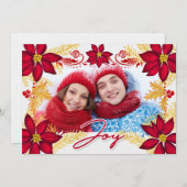 フォトレッドポインセチア喜びと金ゴールドパインホリデーカー シーズンカード (正面/裏面)
