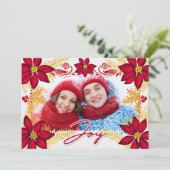 フォトレッドポインセチア喜びと金ゴールドパインホリデーカー シーズンカード (スタンド正面)
