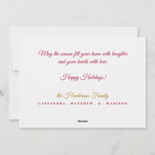 フォトレッドポインセチア喜びと金ゴールドパインホリデーカー シーズンカード (裏面)