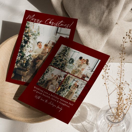 フォトレッドマルーン冬季モダン家族クリスマス シーズンカード
