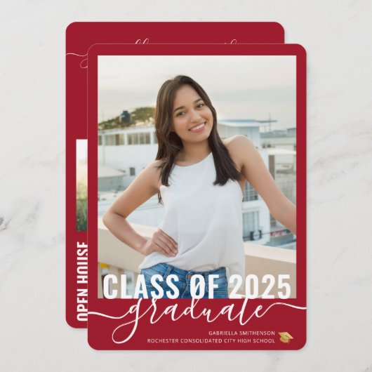 フォトレッドモダン卒業式オープンハウス招待状 案内状 (正面/裏面)