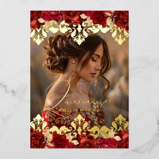 フォトレッドローズ金ゴールドダマスクフローラキンセアニェラ 箔招待状 (正面)