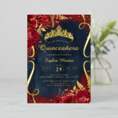 フォトレッド金ゴールドネイビーフローラスクロールキンセアニェラ 箔招待状 (立ち正面)