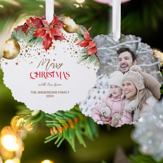 フォトレッド金ゴールドポインセチアユニーククリスマス オーナメントカード