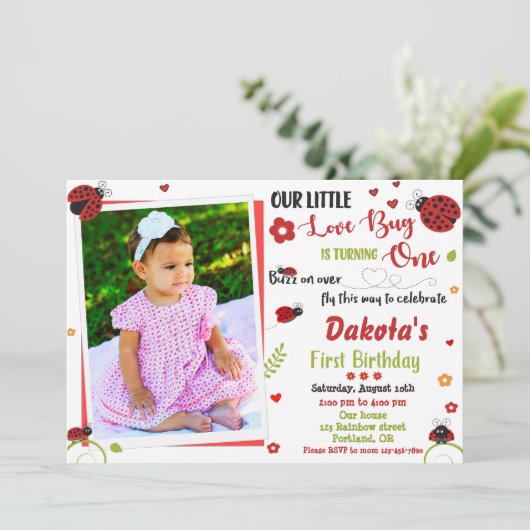 フォトレディバグ1st誕生日の招待ガールラブ 招待状 (スタンド正面)