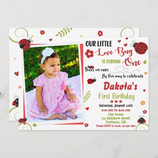 フォトレディバグ1st誕生日の招待ガールラブ 招待状 (正面/裏面)