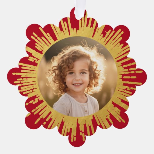 フォトレトロ日が差すことスノーフレーク赤クリスマス オーナメントカード (正面)