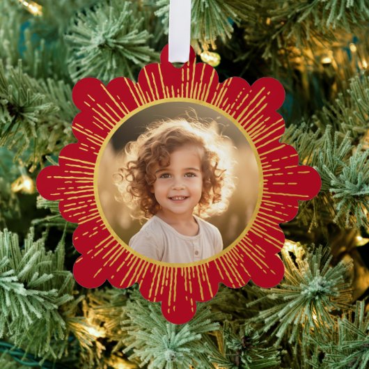 フォトレトロ日が差すことスノーフレーク赤クリスマス オーナメントカード (インサイチュ (木))