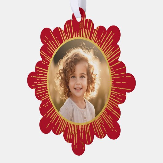 フォトレトロ日が差すことスノーフレーク赤クリスマス オーナメントカード (左)