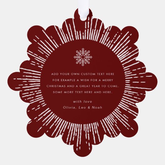 フォトレトロ日が差すこと濃い赤い雪の結晶クリスマス オーナメントカード (裏面)