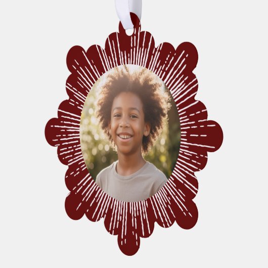 フォトレトロ日が差すこと濃い赤い雪の結晶クリスマス オーナメントカード (左)