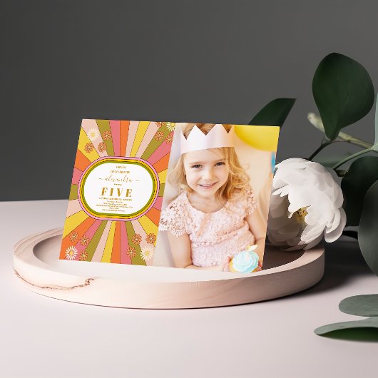 フォトレトロGroovy 70をテーマにした子供の誕生日 招待状