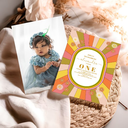 フォトレトロGroovy 70をテーマにした第1の誕生日 招待状