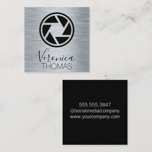 フォトレンズアイコン |金属の背景 スクエア名刺 (正面/裏面)