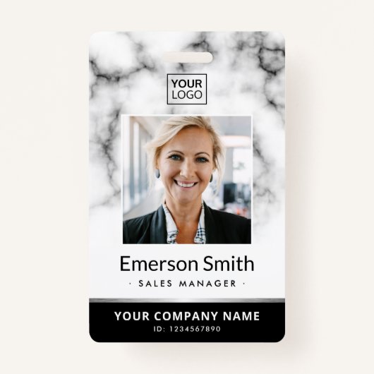 フォトロゴ白い大理石の黒のモダン従業員 バッジ (正面)