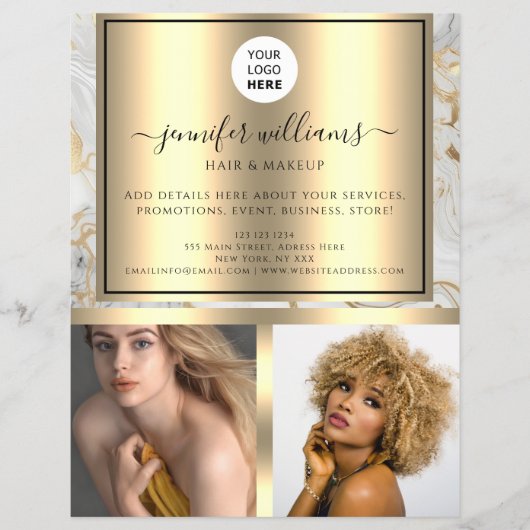 フォトロゴQRコードプロモーション金ゴールド大理石モダン チラシ (正面)