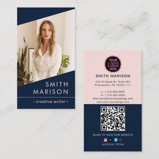 フォトロゴQRコードモダンダークブループロフェッショナル 名刺 (正面/裏面)