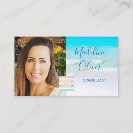 フォトロゴQRコード海ビーチシートラベルブルー 名刺