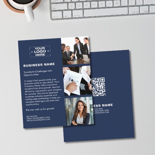 フォトロゴQRネイビモダンーブルー企業のビジネス チラシ