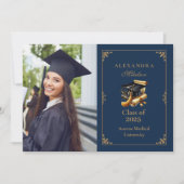 フォトロースクール卒業ネイビーモダンブルー金ゴールド 案内状 (正面)