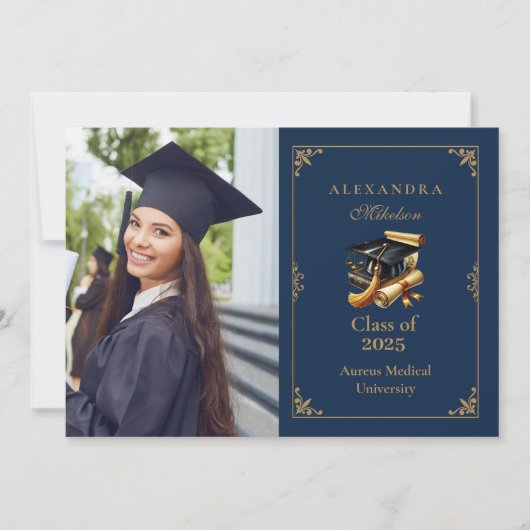 フォトロースクール卒業ネイビーモダンブルー金ゴールド 案内状 (正面)