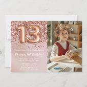 フォトローズゴールド キッズガール13歳の誕生日パーティー 招待状 (正面)