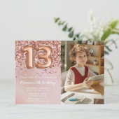 フォトローズゴールド キッズガール13歳の誕生日パーティー 招待状 (スタンド正面)