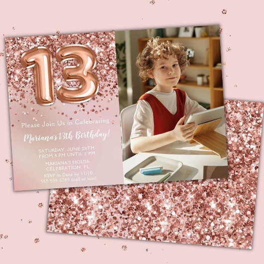 フォトローズゴールド キッズガール13歳の誕生日パーティー 招待状