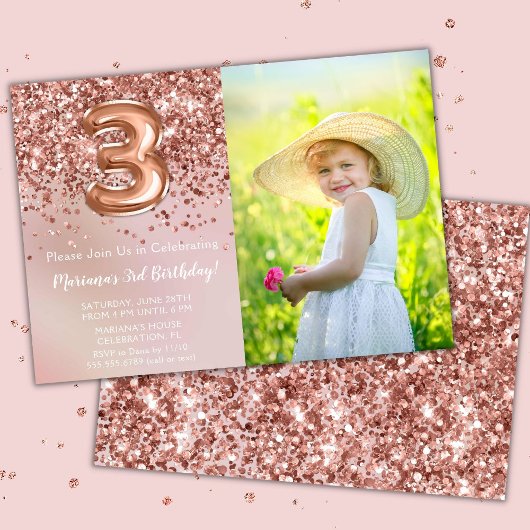 フォトローズゴールド キッズガール3歳の誕生日パーティー 招待状
