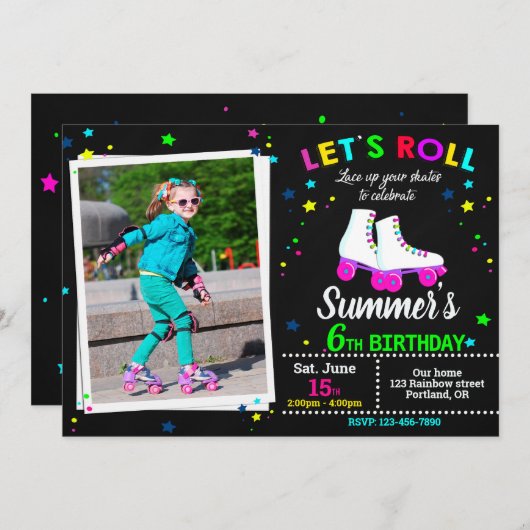 フォトローラースケート誕生日の招待Sk8パーティー 招待状 (正面/裏面)