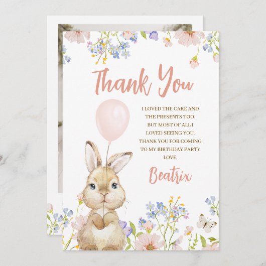 フォトワイルドフラワーバニー誕生日サンキューカード 招待状 (正面/裏面)