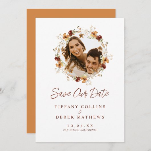 フォトワイルドフラワーフォト秋の結婚式 セーブザデート (正面/裏面)