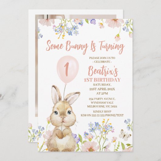 フォトワイルドフラワーSome Bunny 1st Birthday 招待状 (正面/裏面)