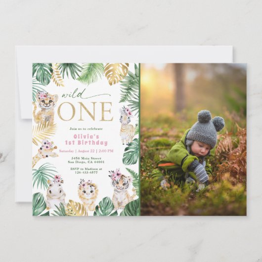 フォトワイルドワンジャングルサファリ動物1歳の誕生日 招待状 (正面)