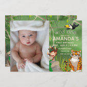 フォトワイルドワン誕生日ジャングル動物パーティー 招待状 (正面/裏面)