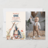 フォトワンハッピーキャンパーウッドボーイズ1歳の誕生日 招待状 (正面)