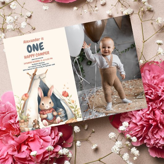 フォトワンハッピーキャンパーウッドボーイズ1歳の誕生日 招待状