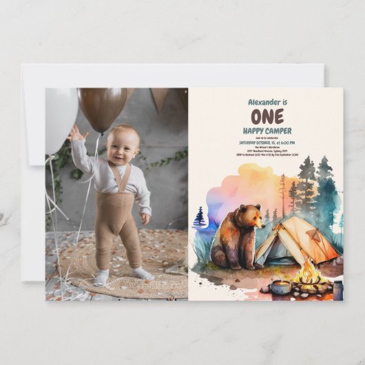フォトワンハッピーキャンパーウッドボーイズ1歳の誕生日 招待状 (正面)