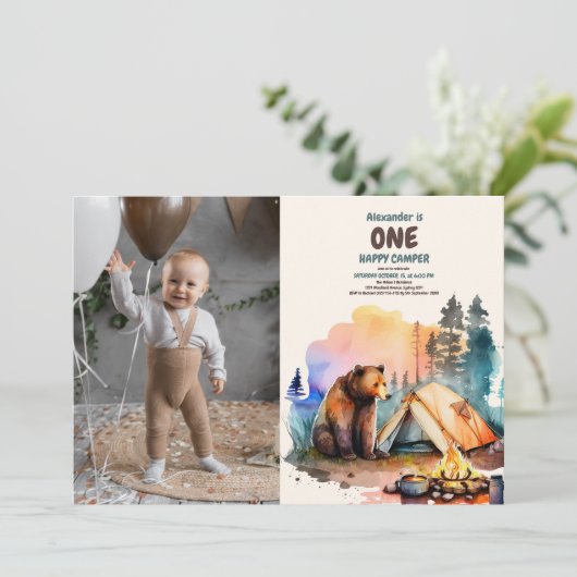 フォトワンハッピーキャンパーウッドボーイズ1歳の誕生日 招待状 (スタンド正面)
