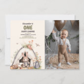 フォトワンハッピーキャンパーウッドランド1歳の誕生日 招待状 (正面)