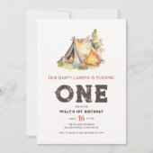 フォトワン素朴ハッピーキャンパー誕生日 招待状 (正面)