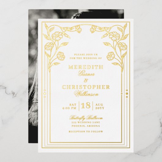 フォトヴィンテージウェディング実在金ゴールド 箔招待状 (正面/裏面)