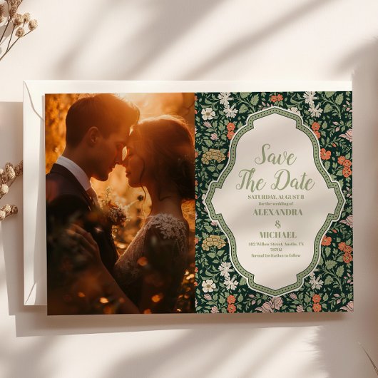 フォトヴィンテージウェディング招待状ウィリアム・モリス セーブザデート