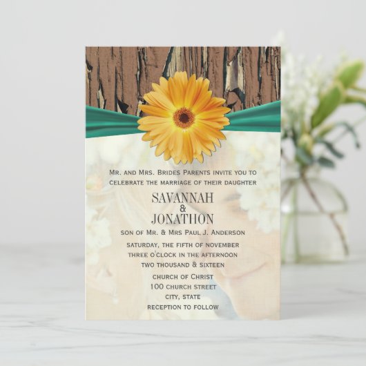 フォトヴィンテージウッドエメラルドガーベラデイジー結婚ズ 招待状 (スタンド正面)