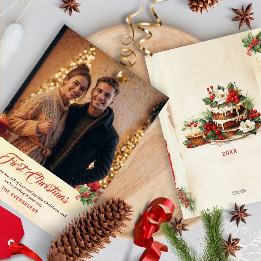 フォトヴィンテージスクリプト伝統的初めてのクリスマス シーズンカード