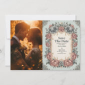 フォトヴィンテージダスティブルービクトリアンアールヌーボー結婚 セーブザデート (正面)