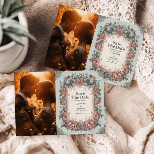 フォトヴィンテージダスティブルービクトリアンアールヌーボー結婚 セーブザデート