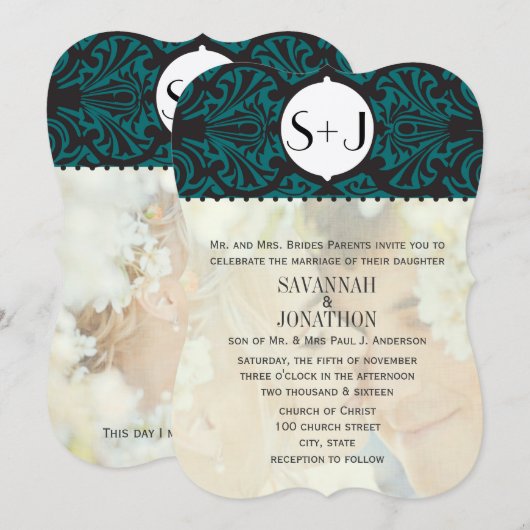 フォトヴィンテージダマスクエメラルドグリーンダイカット結婚ズ 招待状 (正面/裏面)