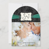 フォトヴィンテージダマスクエメラルドグリーン結婚ブラック 招待状 (裏面)